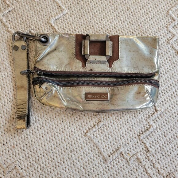 Jimmy Choo Clutch Wristlet Bag Foldover Metallic 11 X 6 Distressed Logo … - Picture 1 of 15